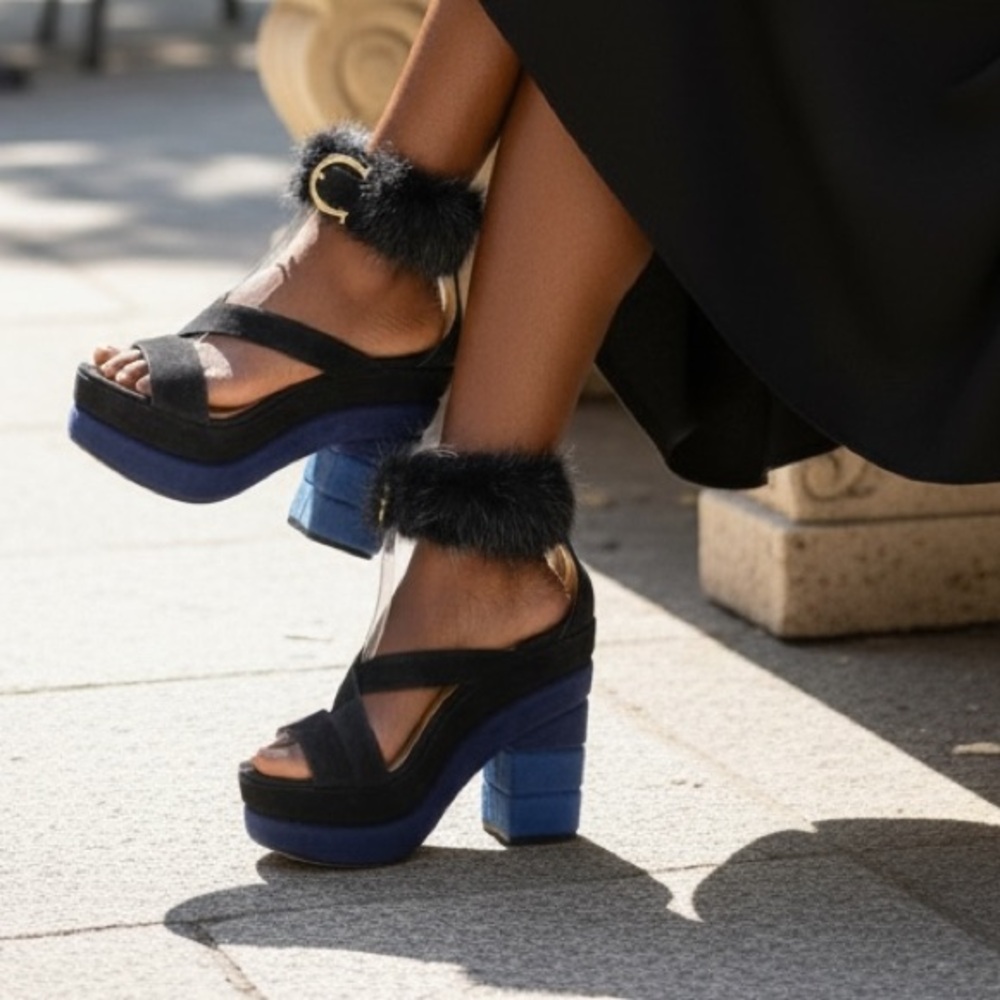 Salvatore Ferragamo suede mink platform sandals color-blocked blue black SIZE 5